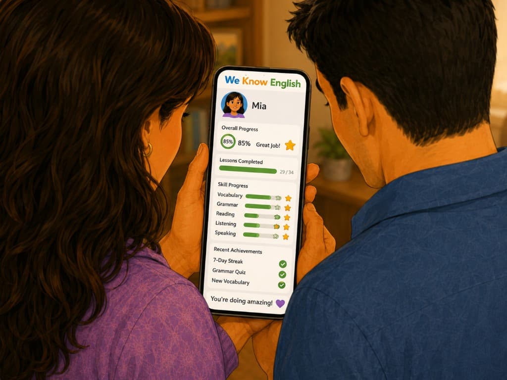 Review student progress and mastery on We Know English and share reports with parents